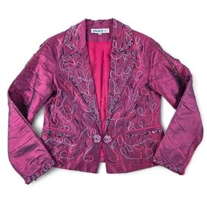 Anage Too Vintage 100% Silk Embroidered Beaded Blazer Jacket Maroon Red Medium